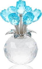 Arikyrist Crystal Lake Blue Rose Bouquet Figurine with Round Vase Gifts for Her, Glass Rose Flower Romantic Keepsakes for Women Mom on Christmas, Collectible Decoration Table Centerpiece for Home