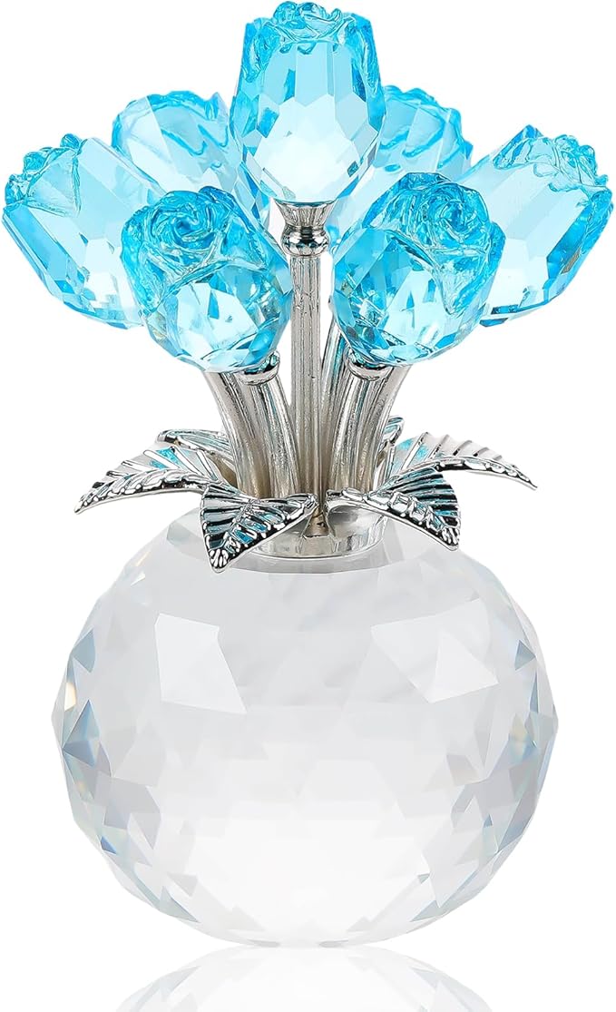 Arikyrist Crystal Lake Blue Rose Bouquet Figurine with Round Vase Gifts for Her, Glass Rose Flower Romantic Keepsakes for Women Mom on Christmas, Collectible Decoration Table Centerpiece for Home