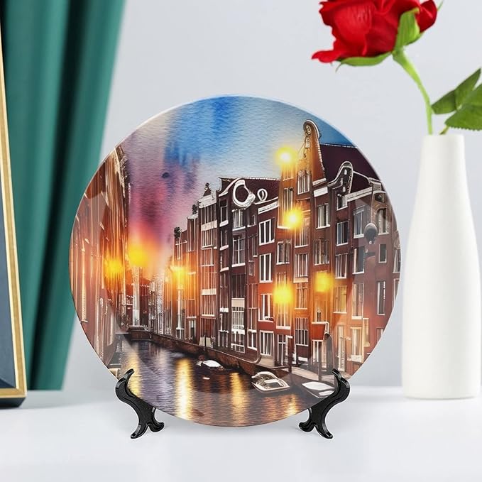 Decorative Plates for Home Decor, Grand Canal of Venice, Italy Colorful Painting Decor Tray for Table Display, Ceramic Dinner Plate w/Stand, Kitchen Decor, Housewarming Gifts, 10 Inch