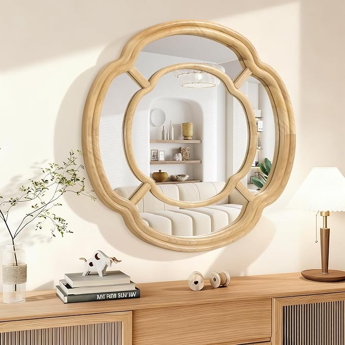 Wall Mounted Mirror, Wooden Round Framed Mirror Large Irregular Wavy Hanging Decorative Mirrors for Living Room Bedroom and Entryway Home 20 Inch Decor