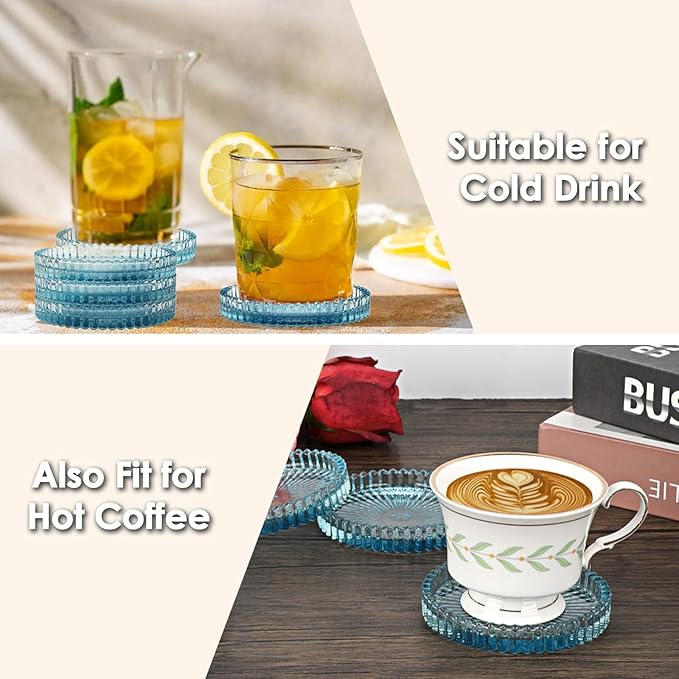 Modern Clear Coaster Set of 5- Glass Coasters for Drinks Crystal Coasters Round Cup Mat Coffee Table Decor for Office, Kitchen, Bar, Dining Room, Living Room, Patio(Clear Blue)
