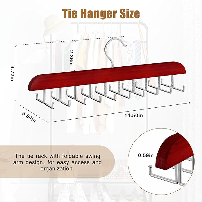 Tie Rack Hanger for Closet, 2 in 1 Belt Tie Hangers with 20 Folding Hooks, 360 Degree Rotating Wooden Tie Holder Organizer for Men Ties Belts Scarves Tank Tops Accessories, Walnut (2 Pack)