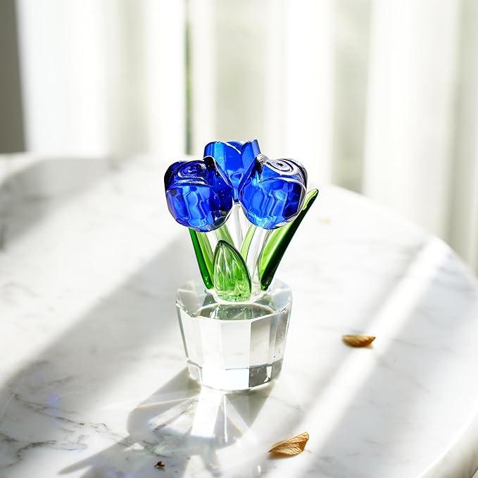 Blue Crystal Rose Flower Figurine for Wife Girlfriend Rose Collectible Figurines for Valentine's Day(3.2 * 2inch)