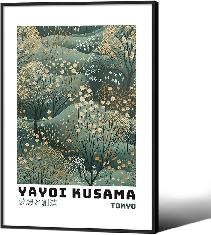 Yayoi Kusama Inspired Poster Japanese Botanical Wall Art Abstract Yayoi Kusama Print Modern Ukiyo-e Japanese Gallery Wall Decor 24x36in Black Framed for Home Bedroom Decorations