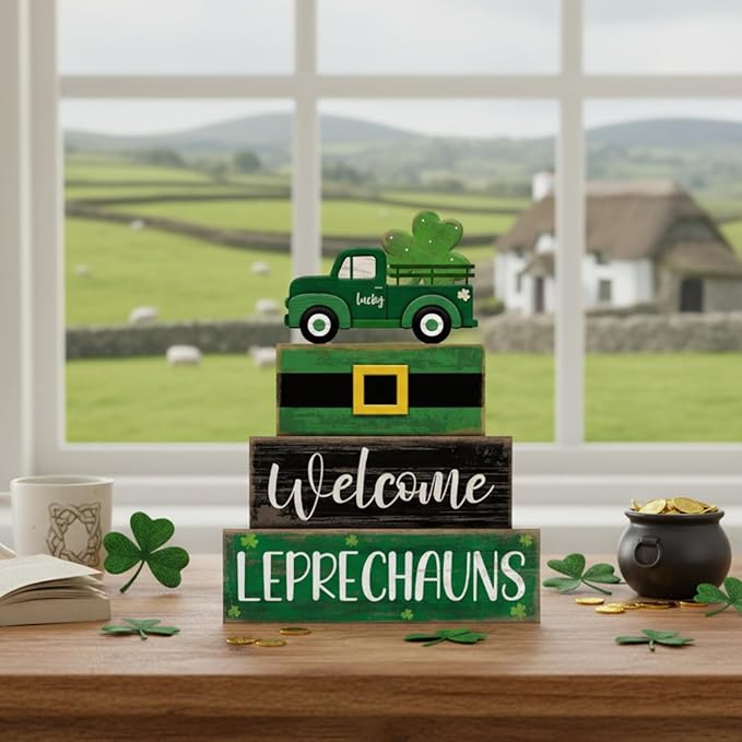 Lineshading 4 Pcs St Patricks Day Table Decor Leprechaun Wooden Stacked Blocks with Lucky Green Truck St. Patrick's Day Tiered Tray Decor Welcome Leprechauns Irish Centerpieces for Home Kitchen