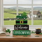 Lineshading 4 Pcs St Patricks Day Table Decor Leprechaun Wooden Stacked Blocks with Lucky Green Truck St. Patrick's Day Tiered Tray Decor Welcome Leprechauns Irish Centerpieces for Home Kitchen