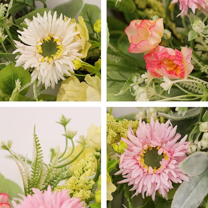 20 Inch Spring Wreaths for Front Door, Artificial Pink Gerbera Daisy & Yellow Rose Floral Wreath with Lamb's Ear Leaves & Greenery, Farmhouse Summer Wreath for Wall Window Porch Home Decor