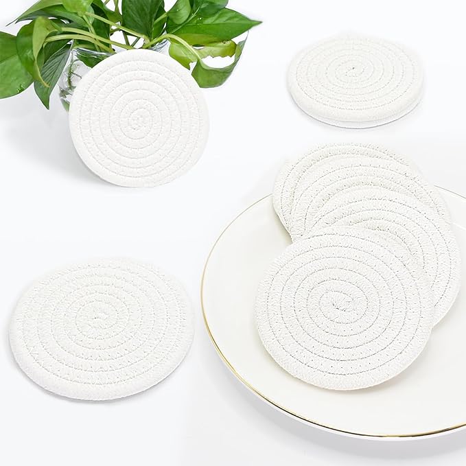 ABenkle Drink Coasters with Holder Set of 10, Cotton Woven Absorbent Coasters for Drinks, Minimalist Home Decor Coaster Set for Wooden Tabletop Protection Table, 4.3 inches