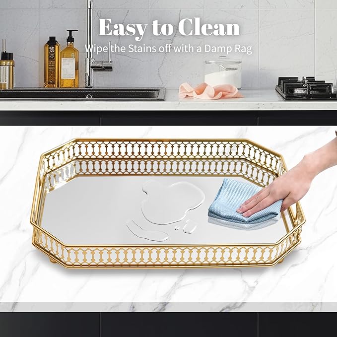 Vintage Gold Mirrored Vanity Mirror Tray Decorative Perfume and Makeup Organizer with Handles for Dresser,Bathroom or Jewelry Display, Decor Home Large Size (Large)