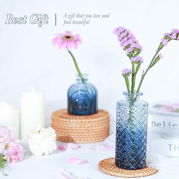 Glass Blue Bud Vases Set of 12, Mini Flower Vase for Centerpieces, Small Glass Vases in Bulk for Bridal Shower Decorations, Vintage Vase for Wedding, Party, Graduation, Home Table Décor