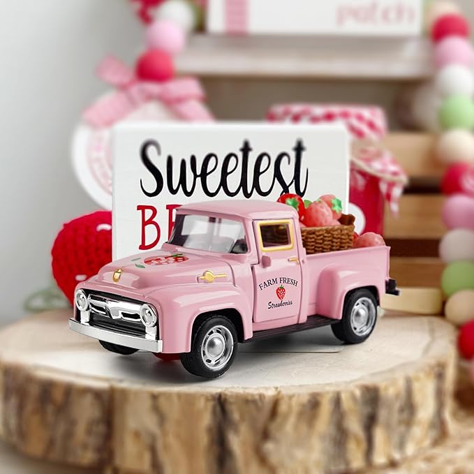Strawberry Truck Decor, Pink Pickup Truck with Fake Strawberries, Rustic Farmhouse Tiered Tray Decor, Spring Country Kitchen Decorations for Home Office