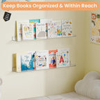upsimples 2 Pack 35.5x5.5 Inches Acrylic Shelves for Wall Storage, Floating Bookshelves for Kids, Display Shelf Organizer for Bathroom, Bedroom, Living Room, Kitchen, Clear