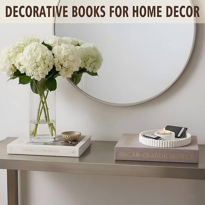 Decorative Books for Home Decor, Coffee Table Decor with Linen White Books Stack Bookshelf, Fake Book Double as Libros Decorativos and Photo Storage (2 Piece Set with Tray)