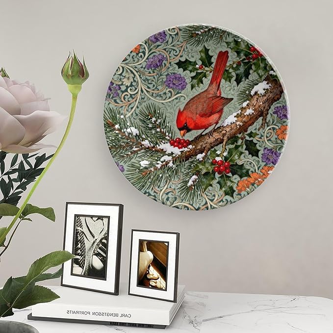 William Morris Forest Art Cardinals Winter Holly Plates Ceramic Decor for Art Decoration Home Table Custom Wedding Idea Gifts Hand Painted Wall Hanging Decor with 1 Display Stand, Multi Sizes