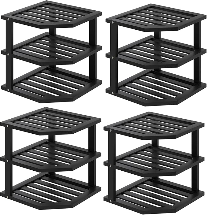 VERTORGAN 3 Tier Bamboo Corner Shelf(4 Pack),Dish Drying Rack,Plate Organizer,Kitchen Spice Rack for Countertop and Cabinet(Black)