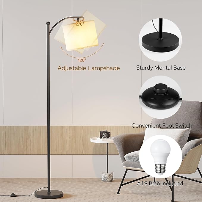 SUNMORY Arc Floor Lamp,Modern Floor Lamp with 3 Color Temperatures Bulb,Metal Standing Lamps with Adjustable Hanging Lampshade,Tall Floor Lamps for Living Room (Black)