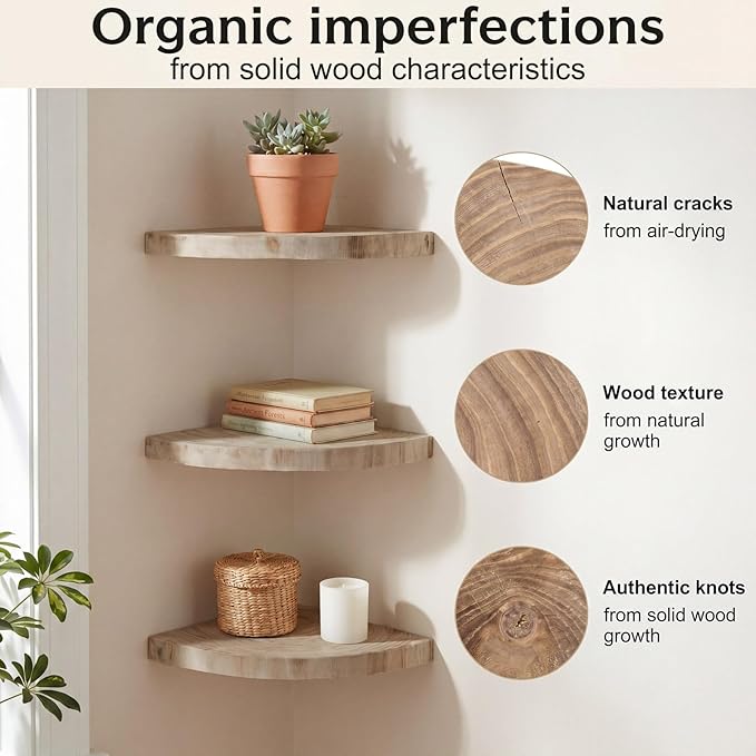 3 Pcs Small Corner Floating Shelves for Wall Solid Wood 7 Inch Rounded Corner Shelves Wall Mounted Natural Solid Elm Wood Shelf Rustic Style Wooden Hanging Shelf for Bedroom Decor(Wooden)