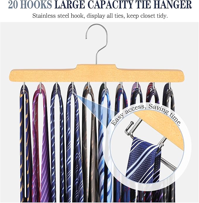 2PC Tie Rack Hanger for Closet Fitnice Upgraded Non Slip Tie Holder Organizer Space Saving with 20 Foldable Hooks Wooden Belt Hanger for Tank Tops Bras Cami Scarves