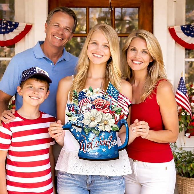 Wooden 4th of July Decorations Patriotic Wreath Independence Day Decorations Front Door with Star Sign Welcome Memorial Day Hanging for Home Wall Decor Outdoor Indoor Red White and Blue Wreath 3