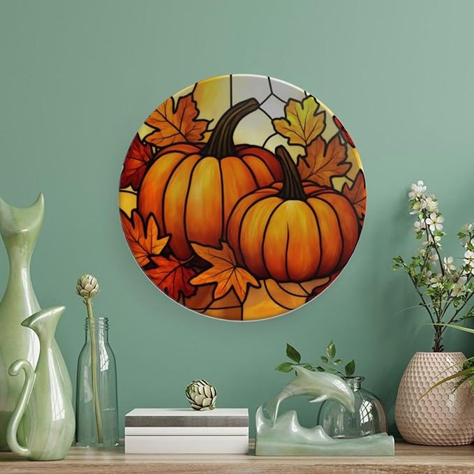 pumpkin theme Decorative Ceramic Plate Round Porcelain Plate,10 inch,Autumn Stained Glass pattern,for Decorative Ornaments Giving Plates,1 Plate with 1 Display Stand,Orange red