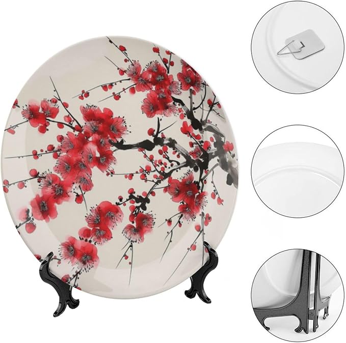 Japanese Spring Theme Decorative Ceramic Plate Round Porcelain Plate,Plum Tree Blossoms Pattern,for Decorative Ornaments Giving Plates, 1 Plate with 1 Display Stand,Red Beige,10 inch