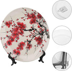 Japanese Spring Theme Decorative Ceramic Plate Round Porcelain Plate,Plum Tree Blossoms Pattern,for Decorative Ornaments Giving Plates, 1 Plate with 1 Display Stand,Red Beige,7 inch