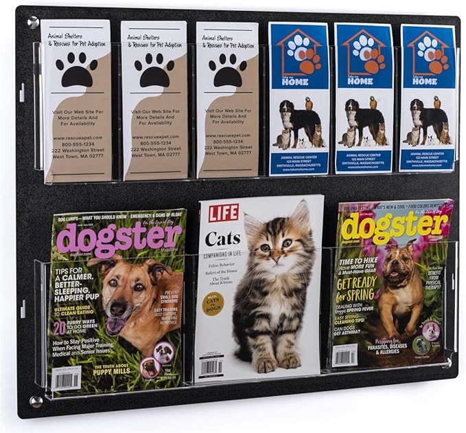 Displays2go Tiered Brochure Rack for Wall, 6-12 Adjustable Pockets, Frameless Acrylic - Black (2RP6BLK)