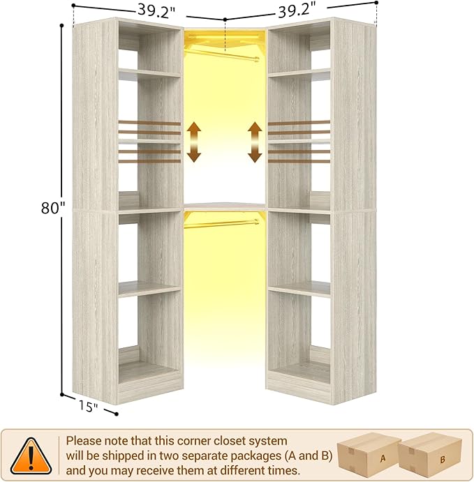 Corner Closet System with 2 Motion Sensor Lights, 39.2" Corner Closet Organizer with 12 Shelves, Closet System with 2 Hanging Rods, Versatile 6-Tier Walk-in Closet for Corner Space, White Oak