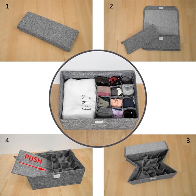 ALYER Collapsible Drawer Organizer,Underwear Drawer Divider for Socks Panties Bras Ties Clothing,Sturdy Closet Storage Divider with Lid(Black)
