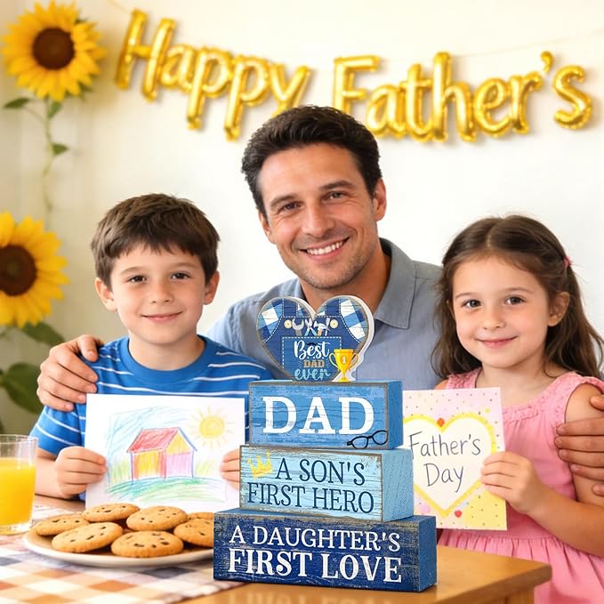 Lineshading 4 Pcs Fathers Day Table Decorations Wooden Blue Heart Trophy Decor Happy Father's Centerpieces Gifts for Dad from Daughter Son Fathers Day Decoration for Home Shelf Indoor Party Decoration