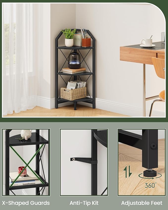 CHOEZON 3-Tier Corner Shelf, Industrial Corner Bookshelf, 35.4" Storage Stand, Plant Stand Display Shelf, Bookcase for Bedroom, Living Room, Home Office, Black TCJ03BB ﻿