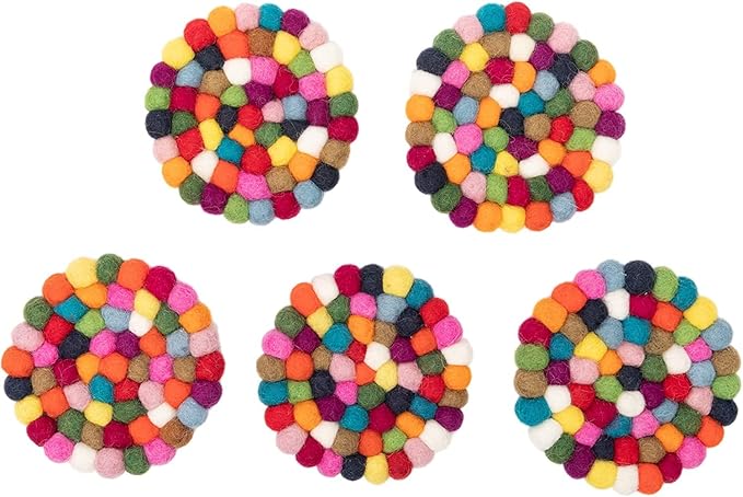 Round Felt Ball Coasters - 100% Merino Wool Table Coasters - Felt Coaster Pads, Absorbent Trivet for Drinks - Heat Resistant, Thick & Durable Hand Felted - Woolygon - Multicolor Set of 5 (Rainbow)