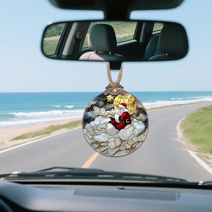 DASTOLL Stained Glass Christmas Decorations, Golden Moon Santa Claus Cloud Suncatcher for Window Christmas Tree Hanging Ornaments Sun Catcher Xmas Decor Gifts for Women Men Mom Nana Friend