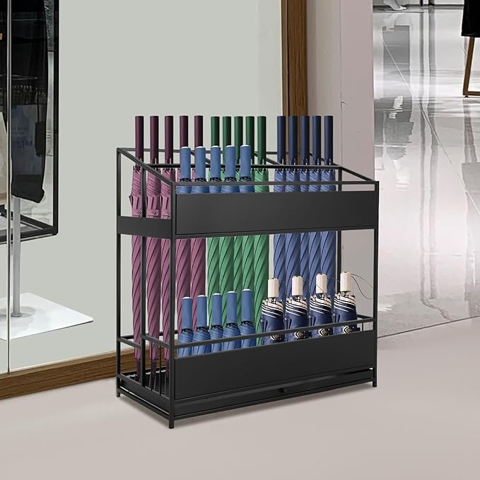 Commercial Metal Umbrella Stand Rack – Heavy Duty Free Standing Organizer with Removable Drip Tray, Entrance Umbrella Organizer for Entryway Home Office Hotel, 26.8x12.6x27.6in (Black)