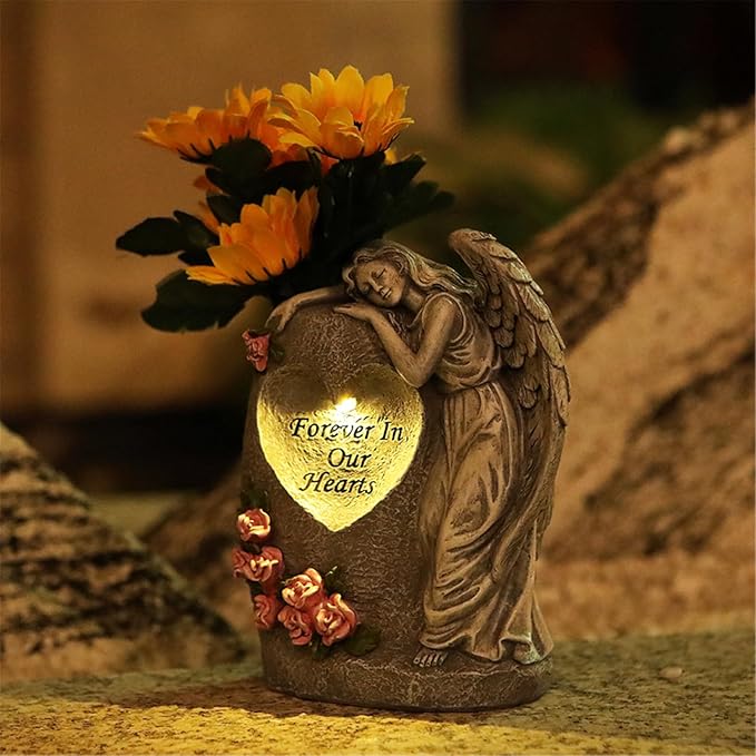 Solar Power Angelic Sculpture Memorials Vase Weather Resistant Resins Grave Decoration for Cemetery Garden