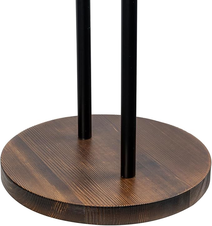 MyGift Modern Garment Valet Stand with Rustic Burnt Solid Wood Coat Clothes Hanger, Round Wooden Base, and Industrial Matte Black Metal Bag Holder for Women