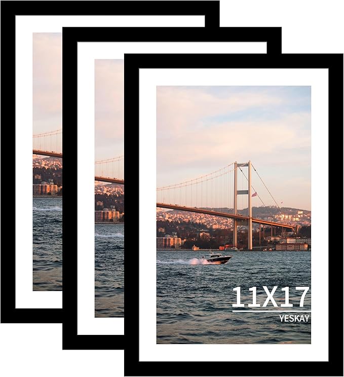 11x17 Picture Frame 3 Pack - Black Poster Frame Display Pictures 9x15 with Mat or 11 x 17 Without Mat for Wall Hanging Horizontal and Vertical