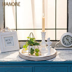 Hanobe Round Wooden Decorative Tray: White Washed Bead Tray Decor for Coffee Table Centerpiece Rustic Farmhouse Tray for Kitchen Counter Living Room Decoration