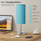 Fenmzee Turquoise Nightstand Table Lamp for Bedroom - 3 Way Dimmable Touch Lamp USB A and C Charging Ports and AC Outlet, Small Lamp for Office Desk with Metal Base, LED Bulb Included