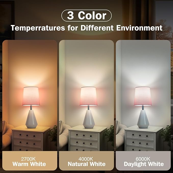 Small Bedside Table Lamp for Bedroom-Reading Desk Lamp Set of 2,with 3 Color Temperatures,15.5" Nightstand Ceramic Lamp with Fabric Shade for Kids Room,Living Room,Dorm,Home Office