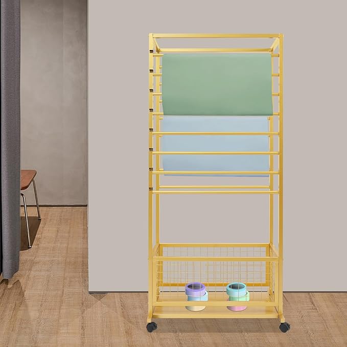 16-Layer Scarf Display Stand, Rolling Scarf Organizer Holder Hanging Rack with Wheels & Storage Basket for Retail Store Boutique Display Bedroom, W26.5*D16.9*H59in (Gold)