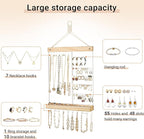 Mkono Hanging Jewelry Organizer Wall Mounted Earring Holder Metal Necklace Holder Wood Shelf with 55 Holes and 7 Hooks Display Rack For Storage Bracelet Rings Ear Studs Accessories Women Bedroom Decor