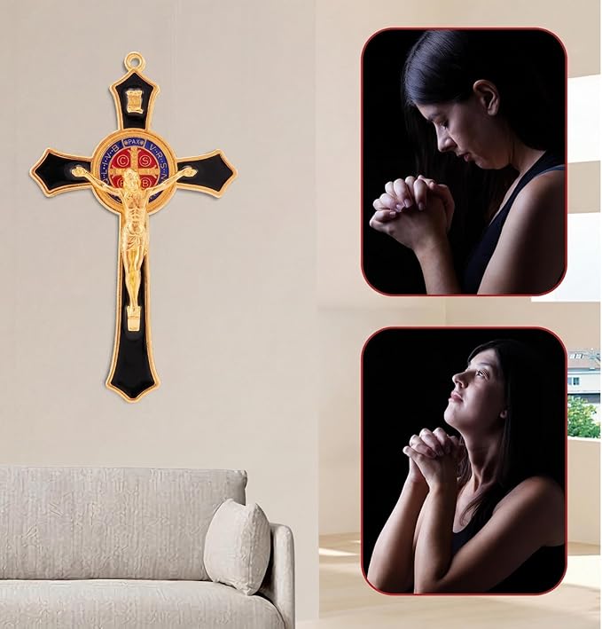 TALPGOD St Benedict Crucifix Black 7 Inch,Crucifix Wall Cross for Catholic Decor,Jesus Christ Hanging Cross Wall Art Decor,Escapularios Catolicos,Saint Benedict Medal for Home Decoration