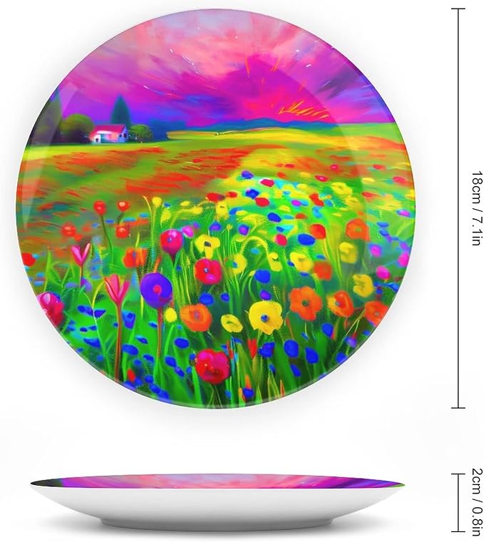 Decorative Plates for Wall Hanging, A Vibrant Wildflower Field Ceramic Plate, Wobble-Plate with Display Stand, Home Decor for Kitchen Cabinets, Farmhouse Round Tray 7 Inch
