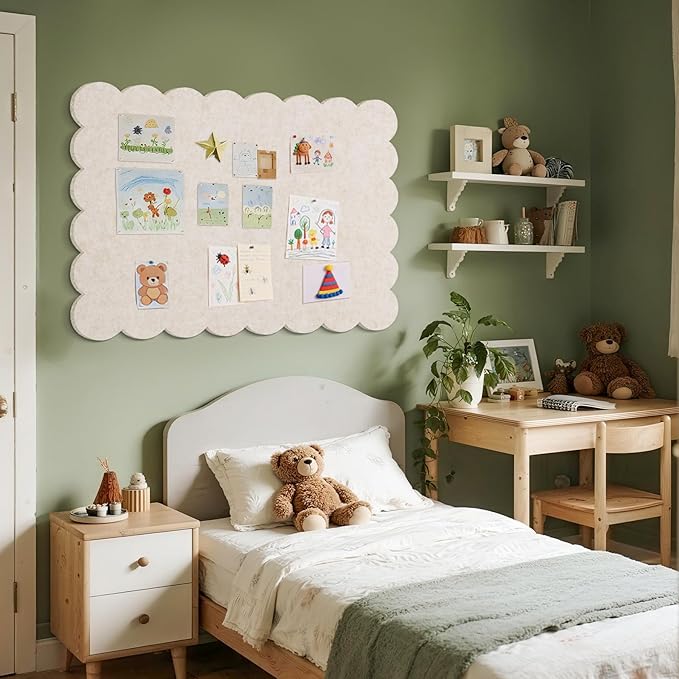 Lightomorrow Scalloped Bulletin Board, 40 x 30 Inches Felt Pin Board - Decorative Cork Alternative for Wall, Foldable Picture Self-Adhesive Vision Prayer Board with 20 Pushpins - Oatmeal