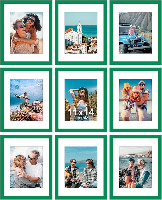 Vittanly 11x14 Picture Frames Set of 9, Shatter Resistant Plexiglass, Display 8x10 Pictures with Mat or 11x14 without Mat, Photo Frames for Wall or Tabletop, Engineered Wood, Green