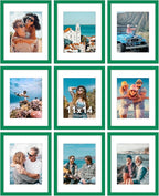 Vittanly 11x14 Picture Frames Set of 9, Shatter Resistant Plexiglass, Display 8x10 Pictures with Mat or 11x14 without Mat, Photo Frames for Wall or Tabletop, Engineered Wood, Green