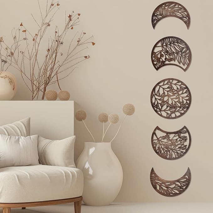 Jetec 5 Pcs Moon Phase Wall Art Decor Wall Pediments Hanging Wooden Phase Spiritual Bedroom Nordic Boho Lunar Aesthetic Art for Living Room Dorm Apartment Ornament(Dark Brown,15.75 Inch,Botanical)