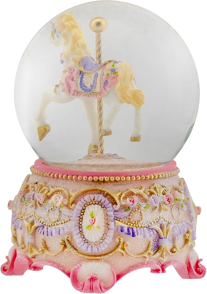 Elanze Designs Pink Rose Horse and Carousel 100MM Sturdy Wind Up Musical Glitter Water Snow Globe Tabletop Dresser Figurine Decoration Plays Tune Carousel Waltz