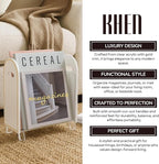 Khen Acrylic Magazine Rack Holder & Gold Trim - 12.40" x 10" x 4.49" - Crystal Lucite Clear - Shatterproof - Open Top - Space Saver - For Magazines, Publications, Office Desk, Reception, Waiting Room